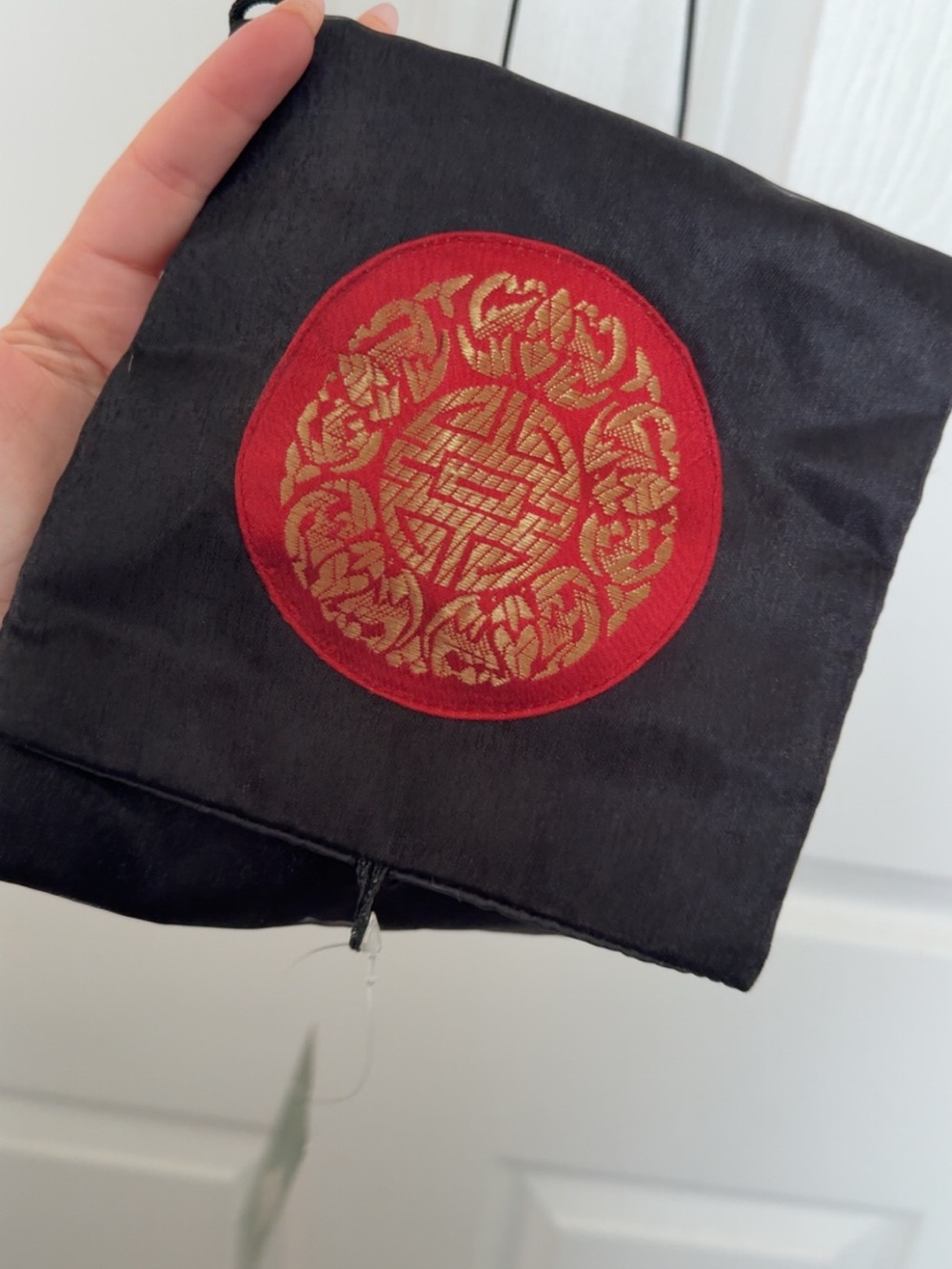 Black Silk Pouch with Red and Gold Embroidered Medallion